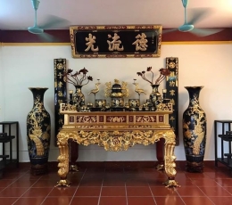 Bộ đồ thờ Gốm Tâm Linh GIA TỘC VIỆT Men Lam Tràm Cổ Dát Vàng