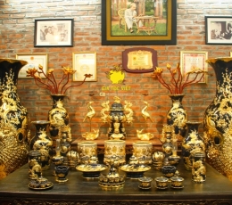 Bộ Đồ Thờ Gốm  Sứ Dát Vàng Gốm Bát Tràng Men Lam Tràm cổ