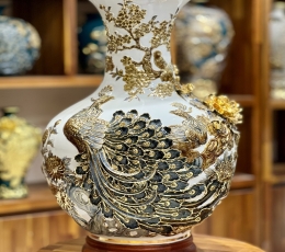 Lọ Củ Tỏi miệng loe - Chim Công với hoa dát vàng 24K H62