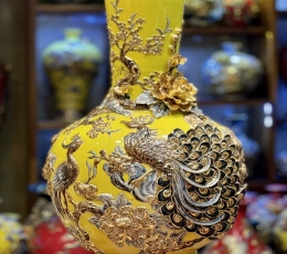 Lọ Tỏi đứng Chim Công với hoa dát vàng 24K H68