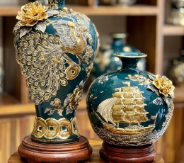 Mai bình tích lộc - Chim Công phú quý xanh ngọc bích H48 dát vàng 24K