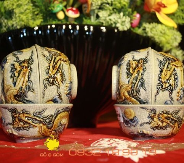 Bát thờ cúng vẽ Rồng  - Gốm Sứ Bát Tràng Men Rạn