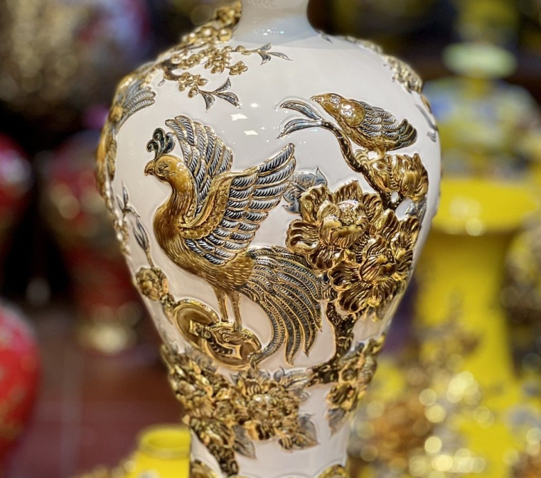 Mai bình tích lộc - Chim Công phú quý dát vàng 24K H55