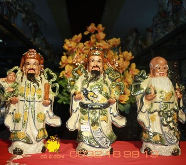 Tượng Tam Đa Gốm Bát Tràng men rạn cổ  Phúc _ Lộc _Thọ H40