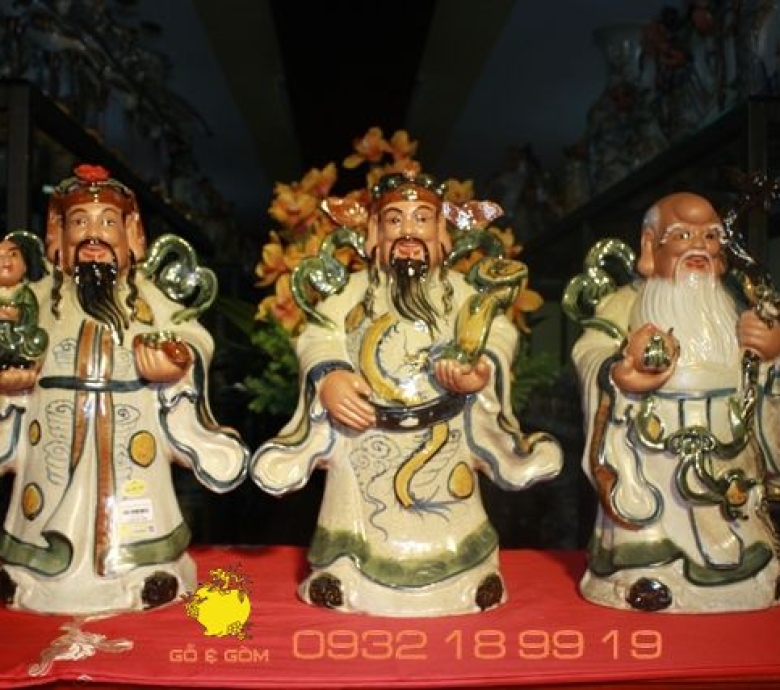 Tượng Tam Đa Gốm Bát Tràng Men Rạn Cổ  Phúc _ Lộc _Thọ H50